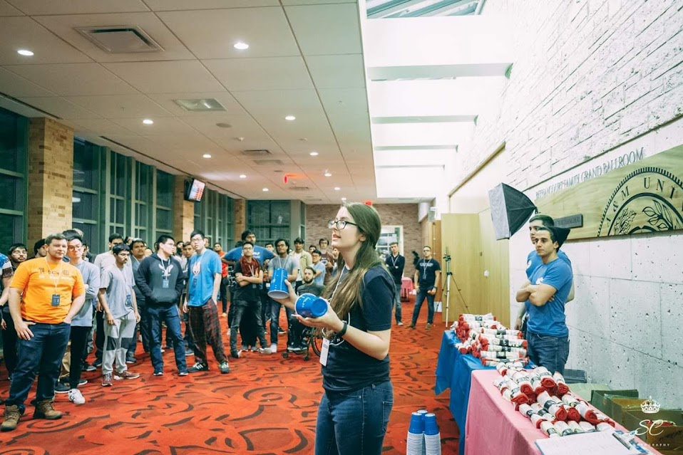 Maria preparing for cup-stacking event